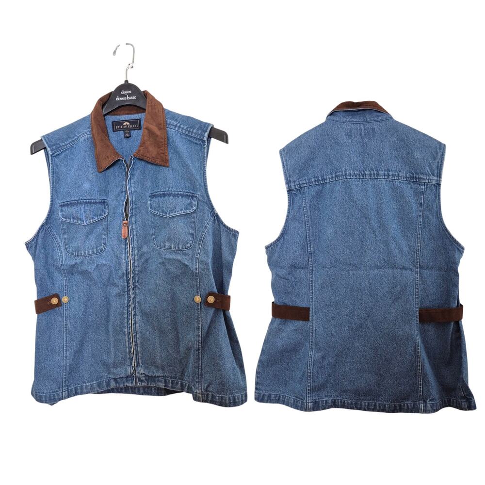 British Khaki Blue Denim Brown Leather Zip Up Vintage Vest 12 Medium